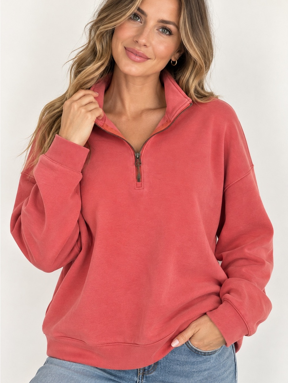 Members Mark Rust Pink Coral Half-Zip Pullover Sweatshirt Women size Large soft